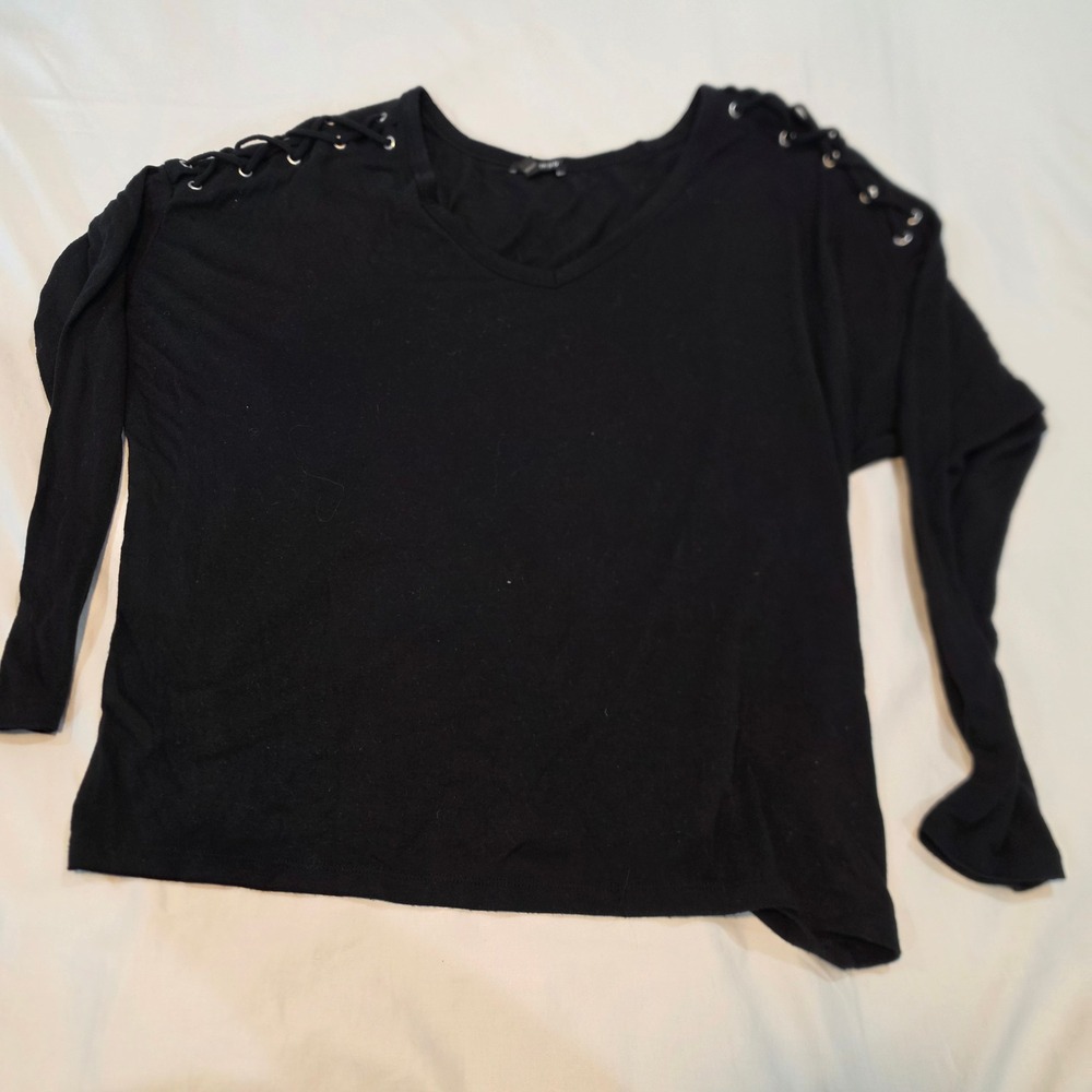 Express Top Womens Large Black Excellent Lace Up Shoulder Long Sleeve V-Neck